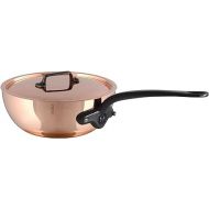 Mauviel M'Heritage M200CI 2mm Polished Copper & Stainless Steel Splayed Curved Saute Pan With Lid, And Cast Iron Handles, 2.1-qt, Made In France