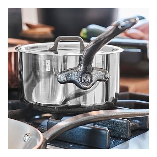  Mauviel M'Cook CI 5-Ply Polished Stainless Steel Sauce Pan With Lid, And Cast Iron Handles, 2.6-qt, Made In France