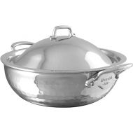 Mauviel M'Elite 5-Ply Hammered Polished Stainless Steel Splayed Curved Saute Pan With Dome Lid, And Cast Stainless Steel Handles, 3.3-qt, Made in France