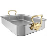 Mauviel M'Cook B 5-Ply Polished Stainless Steel Roasting Pan with Brass Handles, 13.7 x 9.8-in, Made in France