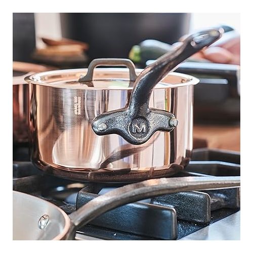  Mauviel M'Heritage M150CI 1.5mm Polished Copper & Stainless Steel Saucepan With Lid, And Cast Iron Handles, 1.9-qt, Made in France