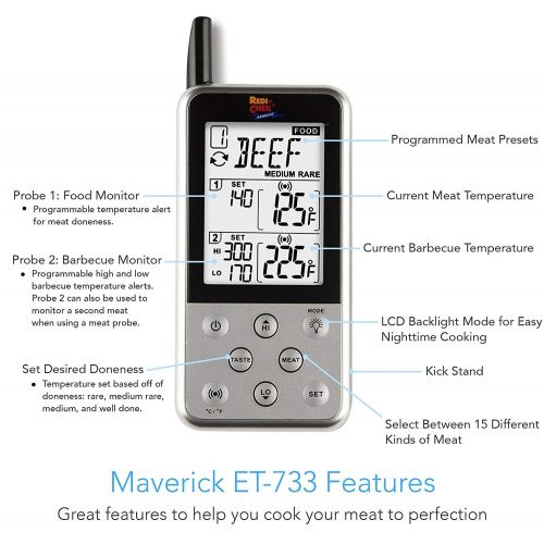  Maverick ET-733 Wireless BBQ Meat Thermometer - Includes Original Bear Paws Meat Shredder - Master the BBQ and Smoker Without Being There