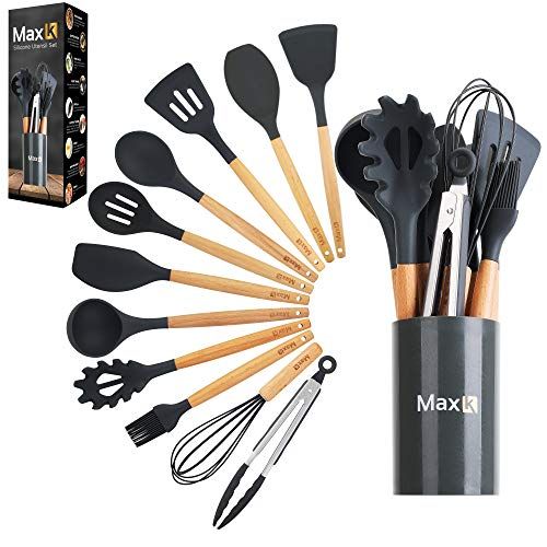  Max K Kitchen Utensil Set 12 Piece Utensils with Silicone Tips, Wooden Handles, & Countertop Holder Food Grade Tools for Frying, Cooking, Mixing, Serving Dishes Best for Nons