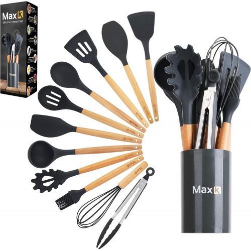  Max K Kitchen Utensil Set 12 Piece Utensils with Silicone Tips, Wooden Handles, & Countertop Holder Food Grade Tools for Frying, Cooking, Mixing, Serving Dishes Best for Nons