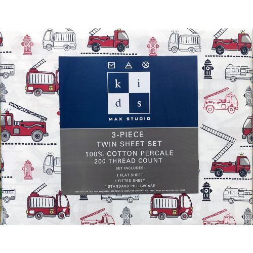  Max Studio Kids Bedding 3 Piece Twin Size Single Bed Cotton Percale Sheet Set Fire Trucks Hydrants Red Black White