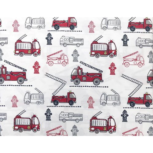  Max Studio Kids Bedding 3 Piece Twin Size Single Bed Cotton Percale Sheet Set Fire Trucks Hydrants Red Black White