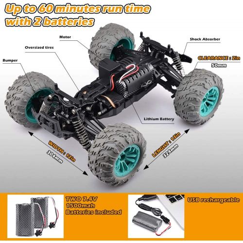  MaxTronic Remote Control Car, 1:14 Scale Christmas Large RC Cars 36 KM/H Speed 4WD Off Road Monster Trucks, All Terrain Electric Toy Trucks for Adults & Boys 8-12 - 2 Batteries for 60+ Min P