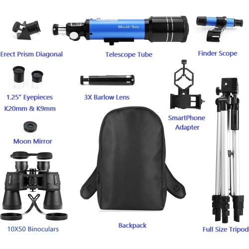  MaxUSee Travel Telescope with Backpack - 70mm Refractor Telescope & 10X50 HD Binoculars Bak4 Prism FMC Lens for Moon Viewing Bird Watching Sightseeing