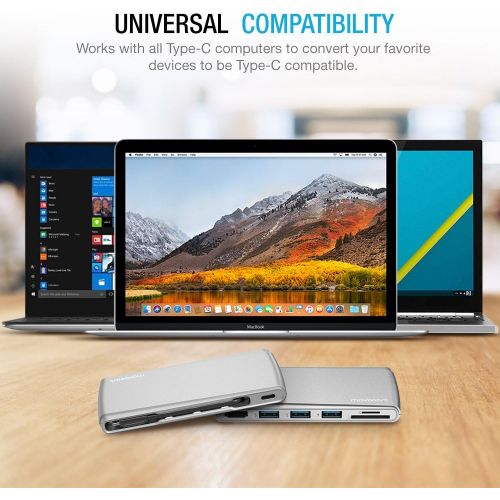  Maxboost Type-C Hub Adapter Pro w 4k HDMI, Pass-Through Charging Port, SDMicro Card Reader and 3 USB 3.0 Ports for 20162017 MacBook Pro, MacBook, Phone and Notebook - Silver