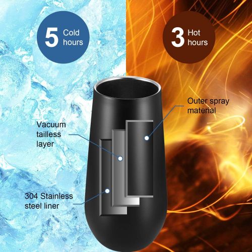  [아마존베스트]Maxdot 6 Pieces Stemless Champagne Flutes Double-insulated Champagne Tumbler with Lips, 6 OZ Stainless Steel Unbreakable Cocktail Cups for Coffee Wine Glass Tumbler (Black)