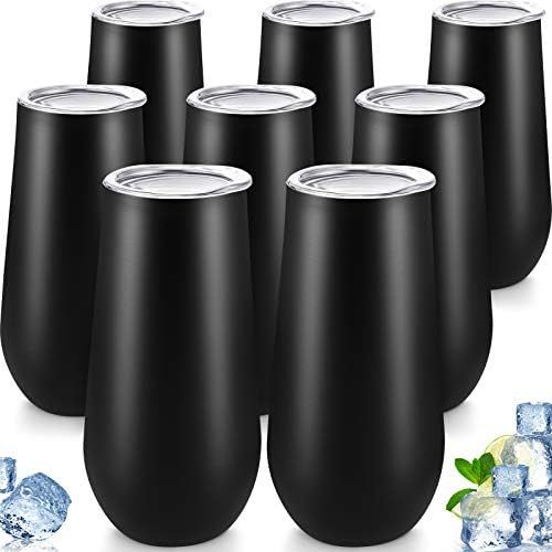  [아마존베스트]Maxdot 8 Packs Stemless Champagne Flutes Wine Tumbler, 6 OZ Double-insulated Wine Tumbler with Lids Unbreakable Cocktail Cups Champagne Glasses for Toasting Sipping (Black)