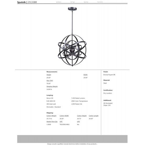  Maxim Lighting Maxim 25133BR Sputnik 9-Light Pendant, Bronze Rupert Finish, Glass, G9 Xenon Xenon Bulb , 100W Max., Wet Safety Rating, Standard Dimmable, Glass Shade Material, 1150 Rated Lumens