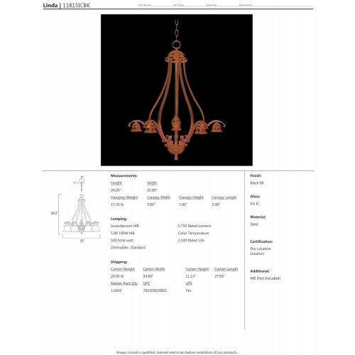  Maxim Lighting Maxim 11815ICBK Linda 5-Light Chandelier, Black Finish, Ice Glass, MB Incandescent Incandescent Bulb , 100W Max., Dry Safety Rating, Standard Dimmable, Opal Glass Shade Material, 1