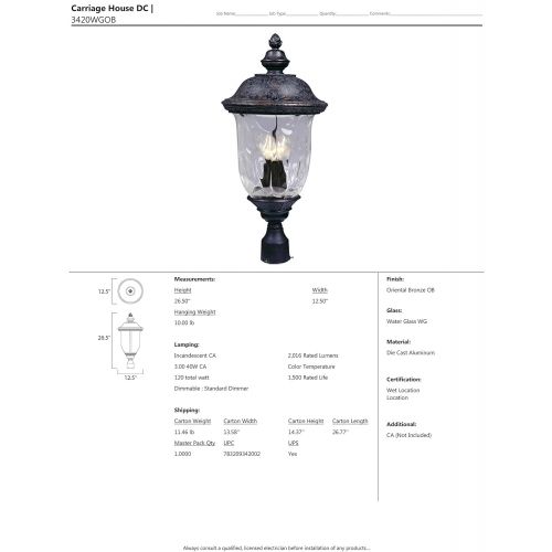  Maxim Lighting Maxim 3420WGOB Carriage House DC 3-LT Outdoor Pole/Post Lantern, Oriental Bronze Finish, Water Glass Glass, CA Incandescent Incandescent Bulb , 60W Max., Damp Safety Rating, Standa