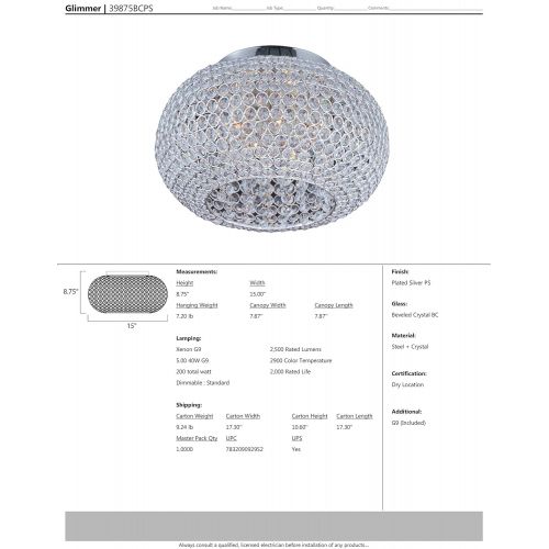  Maxim Lighting Maxim 39875BCPS Glimmer 5-Light Flush Mount, Plated Silver Finish, Beveled Crystal Glass, G9 Xenon Xenon Bulb , 100W Max., Wet Safety Rating, Standard Dimmable, Glass Shade Materia
