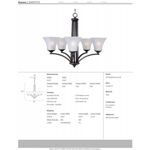  Maxim Lighting Maxim 20095FTOI Aurora 5-Light Chandelier, Oil Rubbed Bronze Finish, Frosted Glass, MB Incandescent Incandescent Bulb , 60W Max., Damp Safety Rating, Standard Dimmable, Opal Glass