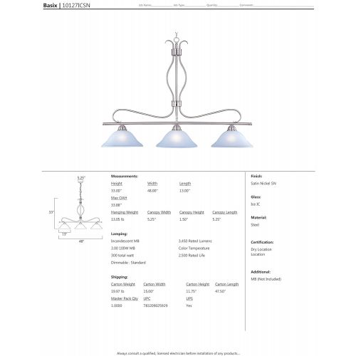  Maxim Lighting Maxim 10127ICSN Basix 3-Light Pendant, Satin Nickel Finish, Ice Glass, MB Incandescent Incandescent Bulb , 100W Max., Dry Safety Rating, Standard Dimmable, Onyx Shade Material, 920