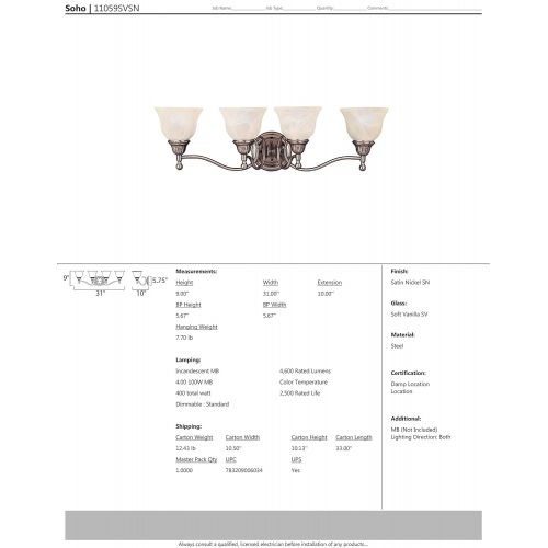  Maxim Lighting Maxim 11059SVSN Soho 4-Light Bath Vanity, Satin Nickel Finish, Soft Vanilla Glass, MB Incandescent Incandescent Bulb , 18W Max., Dry Safety Rating, 2700K Color Temp, Opal Acrylic S