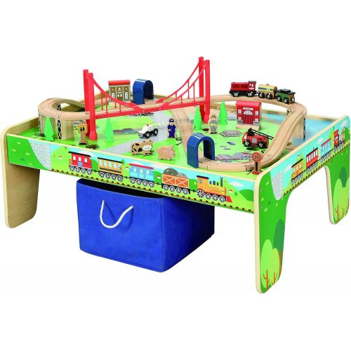  maxim enterprise, inc. 50 Piece Wooden Train Set with Train / Activity Table - BRIO and Thomas & Friends Compatible, Multi Color