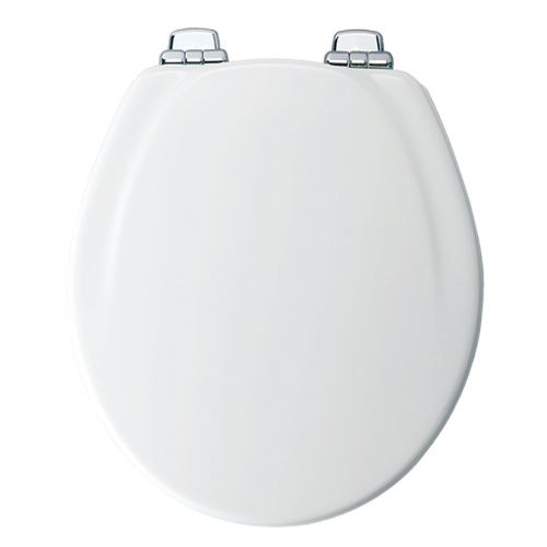  Mayfair Round Molded Wood Toilet Seat in White with Whisper-Close Chrome Hinges