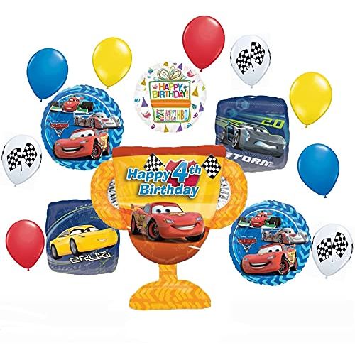  Mayflower Products Disney Cars Party Supplies Lightning McQueen 4th Birthday Trophy Balloon Bouquet Decorations 15 pieces