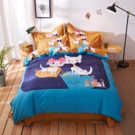 Mbay Cat Print Duvet Cover King Size, Girls Cotton Bed Sheet, Orange Blue White Bedding Set, 4pcs