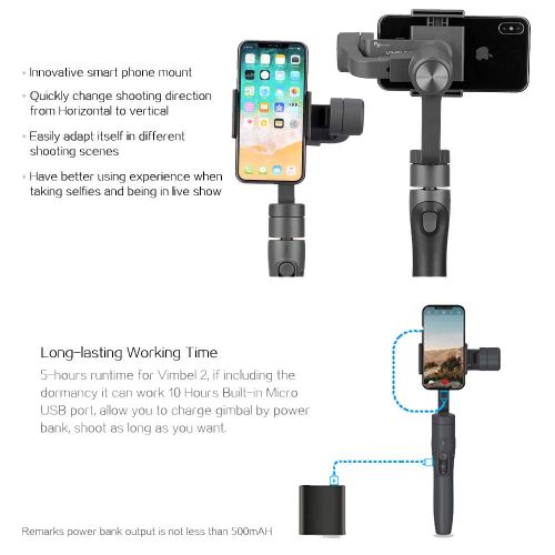  Mbuynow Feiyu Vimble 2 Smartphones Gimbal Stabilizer, 3-Axis Handheld Gimbal for iPhone Xs Max Xr X 8 Plus 7 6 SE Android Smartphone Samsung Galaxy S9+ S9 S8+ S8 S7 S (Gray)