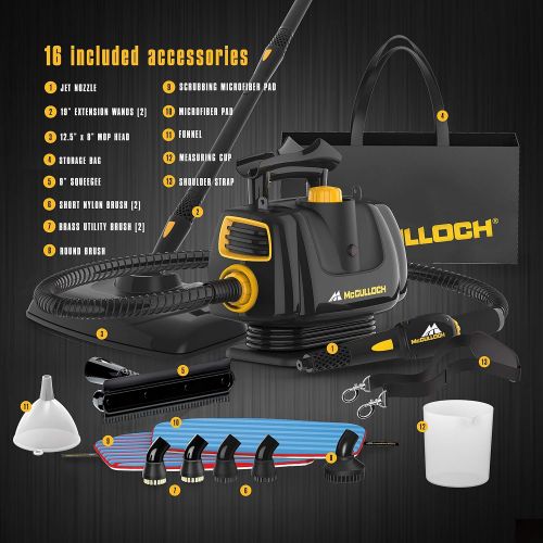  McCulloch MC1270 Portable Power Cleaner with Floor Mop, Variable Steaming, 16-Piece Accessory Set, All-Natural Chemical-Free Cleaning, Black