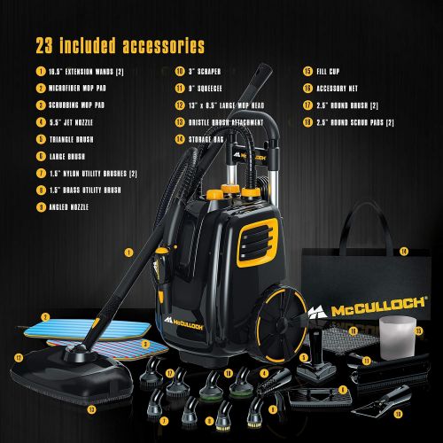  McCulloch MC1385 Deluxe Canister Steam Cleaner with 23 Accessories, Chemical-Free Pressurized Cleaning for Most Floors, Counters, Appliances, Windows, Autos, and More, 1-(Pack), Bl