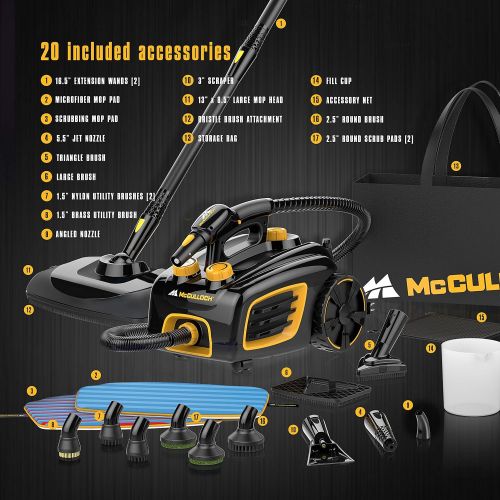  McCulloch MC1375 Canister Steam Cleaner with 20 Accessories, Extra-Long Power Cord, Chemical-Free Cleaning for Most Floors, Counters, Appliances, Windows, Autos, and More, 1-(Pack)
