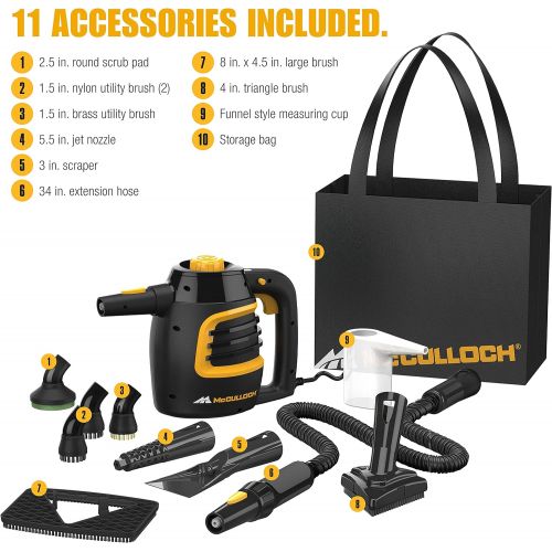  McCulloch MC1230 Handheld Steam Cleaner with Extension Hose, 11-Piece Accessory Set, Chemical-Free Cleaning, Black