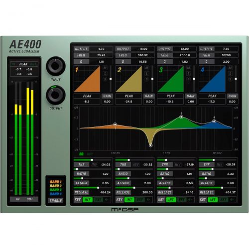  McDSP},description:The AE400 is made up of 4 bands of fixed and active equalization. Each band is completely overlapping with all other bands and has its own Q (bandwidth), fixed g