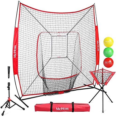  McHom 7 x 7 Baseball & Softball Practice Net Set with Travel Tee, Ball Caddy, 3 Weighted Balls & Strike Zone for Hitting, Pitching, Batting & Fielding Practice Collapsible and Port