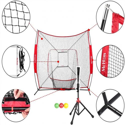  McHom 7 x 7 Baseball & Softball Practice Net Set with Travel Tee, Ball Caddy, 3 Weighted Balls & Strike Zone for Hitting, Pitching, Batting & Fielding Practice Collapsible and Port