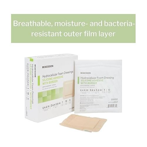  McKesson Hydrocellular Foam Dressings, Sterile, Silicone Adhesive with Border, Dimension 4 in x 4 in, Pad 3 in x 3 in, 10 Count, 1 Pack