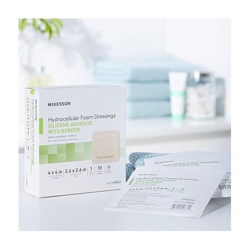  McKesson Hydrocellular Foam Dressings, Sterile, Silicone Adhesive with Border, Dimension 4 in x 4 in, Pad 3 in x 3 in, 10 Count, 1 Pack