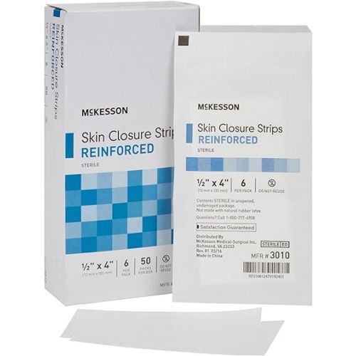  McKesson Skin Closure Strips, Sterile, Reinforced, 1/2 in x 4 in, 50 Count