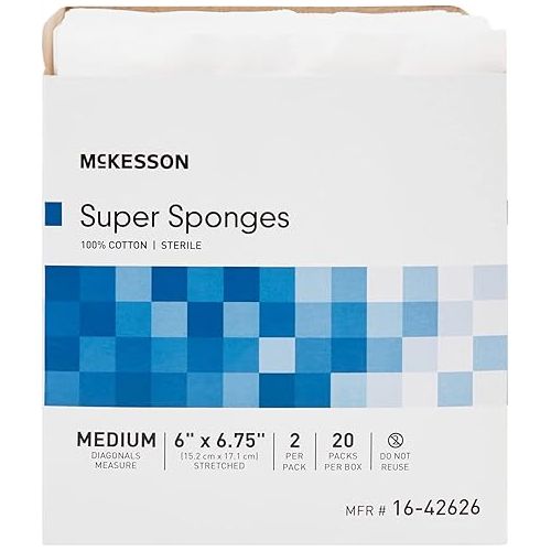  McKesson Super Sponges, Sterile, 100% Cotton, Fluff Dressing, 6 in x 6 3/4 in, 2 per Pack, 20 Packs, 40 Total