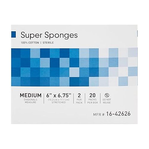  McKesson Super Sponges, Sterile, 100% Cotton, Fluff Dressing, 6 in x 6 3/4 in, 2 per Pack, 20 Packs, 40 Total