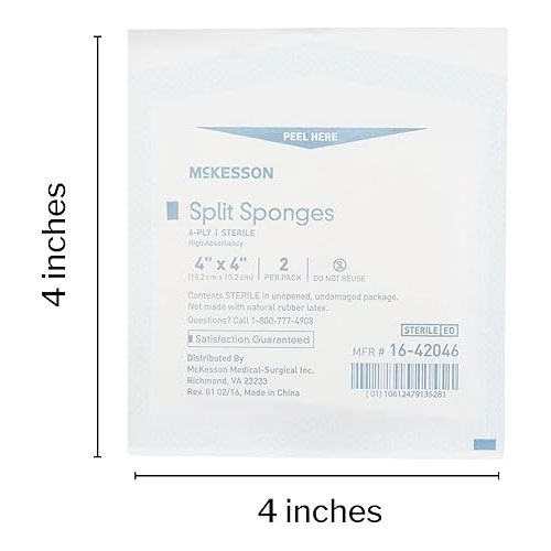  McKesson Split Sponges High Absorbency, 6-Ply Sterile, I.V. and Tracheostomy Dressings, Polyester / Rayon Blend, 4 in x 4 in, 2 Per Pack, 300 Packs, 600 Total