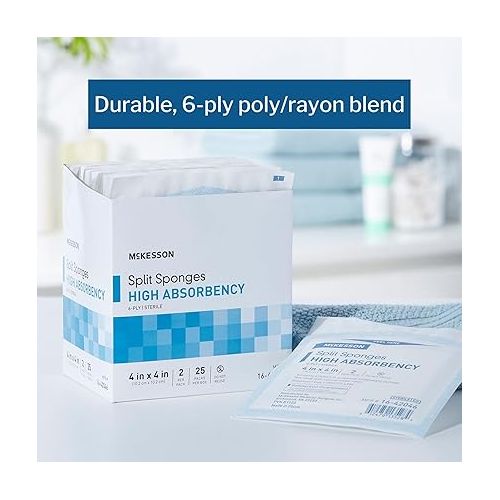  McKesson Split Sponges High Absorbency, 6-Ply Sterile, I.V. and Tracheostomy Dressings, Polyester / Rayon Blend, 4 in x 4 in, 2 Per Pack, 300 Packs, 600 Total