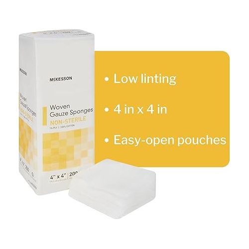  McKesson Woven Gauze Sponges, 16-Ply Non-Sterile, 100% Cotton, 4 in x 4 in, 200 per Pack, 10 Packs, 2000 Total