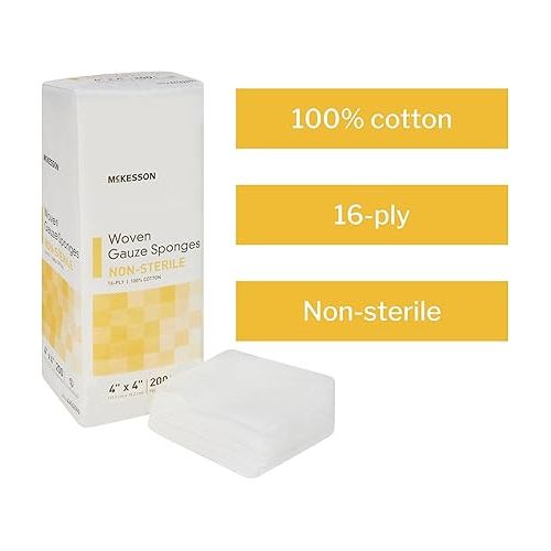  McKesson Woven Gauze Sponges, 16-Ply Non-Sterile, 100% Cotton, 4 in x 4 in, 200 per Pack, 10 Packs, 2000 Total