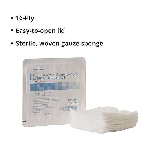  McKesson Premium Woven Gauze Sponges, Sterile, 16-Ply, USP Type VII, 100% Cotton, 4 in x 4 in, 10 per Pack, 72 Packs, 720 Total