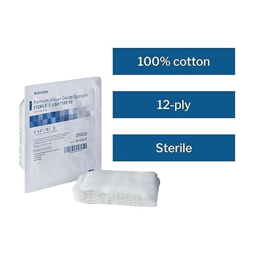  McKesson Premium Woven Gauze Sponges, Sterile, 12-Ply, USP Type VII, 100% Cotton, 4 in x 4 in, 10 per Pack, 128 Packs, 1280 Total