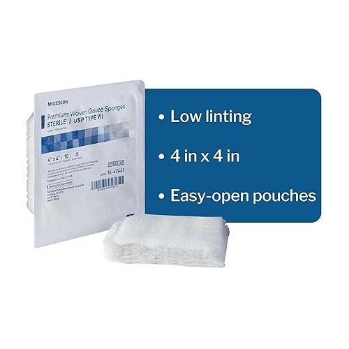  McKesson Premium Woven Gauze Sponges, Sterile, 12-Ply, USP Type VII, 100% Cotton, 4 in x 4 in, 10 per Pack, 128 Packs, 1280 Total