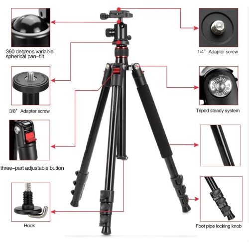  Mcoplus CT-628 63-inch CameraTripod for DSLR, Aluminium Alloy Portable Lightweight Tripod with 360° Panorama Ball Head,1/4 Quick Shoe Plate and Carry Bag