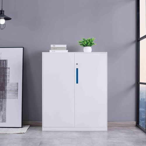  MeColor Half Height Metal Office File Cabinet，Swing Door Metal Office Cabinet with Doors and Adjustable Shelves in White Color
