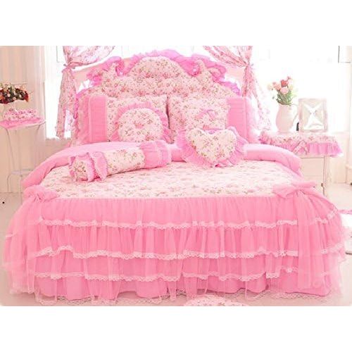  MeMoreCool Home Textile Elegant Design Pastoral Style Floral Lace Princess Bedding Set Girly Ruffle Duvet Cover Fashion Exquisite Falbala Bed Skirt Twin Size 3Pcs