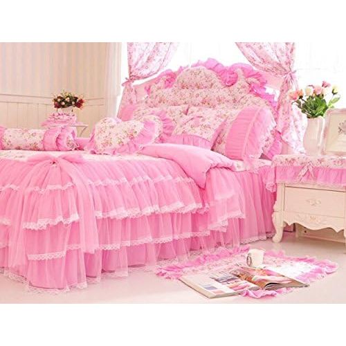  MeMoreCool Home Textile Elegant Design Pastoral Style Floral Lace Princess Bedding Set Girly Ruffle Duvet Cover Fashion Exquisite Falbala Bed Skirt Twin Size 3Pcs